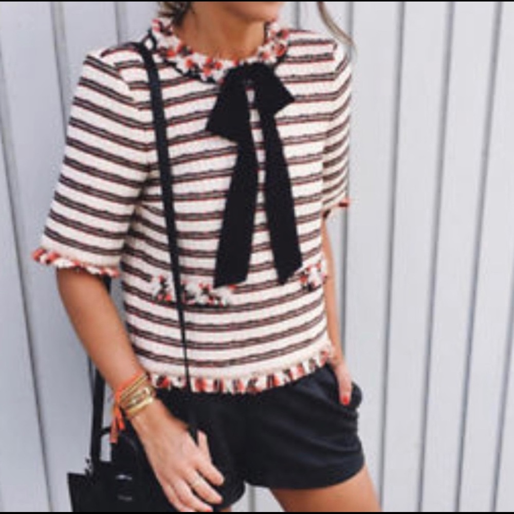 NWOT  Zara Tweed Top with Black Bow